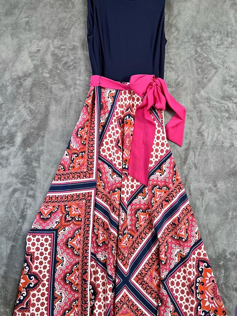 NWT Eliza J Navy and Hot Pink Printed Maxi Dress with Waist Tie